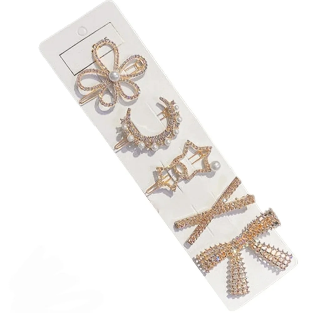 Rhinestone Hair Clip Set with Pearl Accents Gold